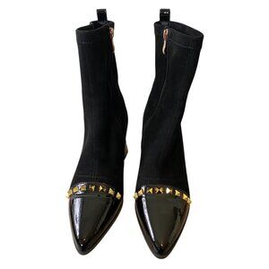 Azura Black Suede Ankle Boots With Gold Studs & Patent Toe Size 37